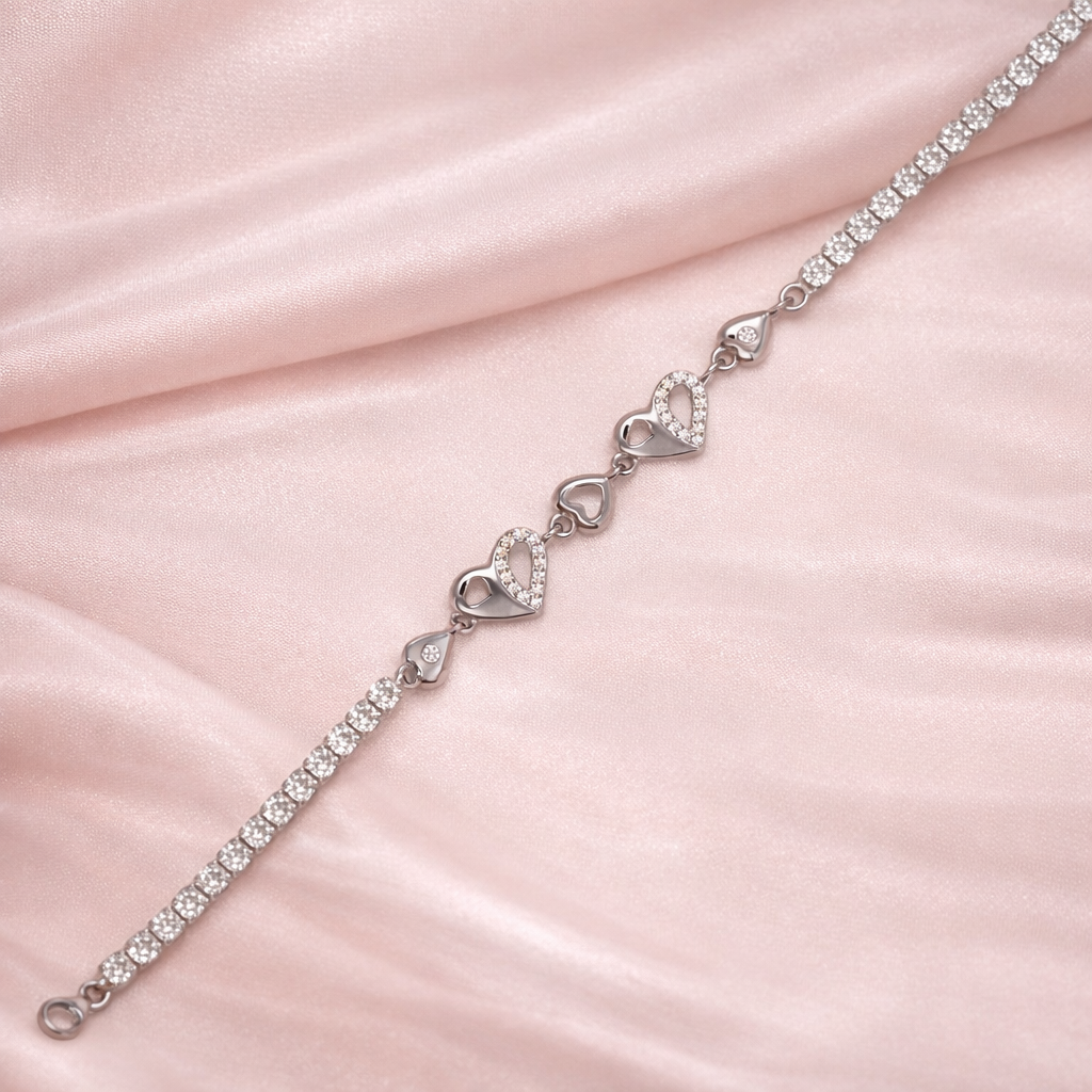 Interlocking Heart Tennis Silver Bracelet