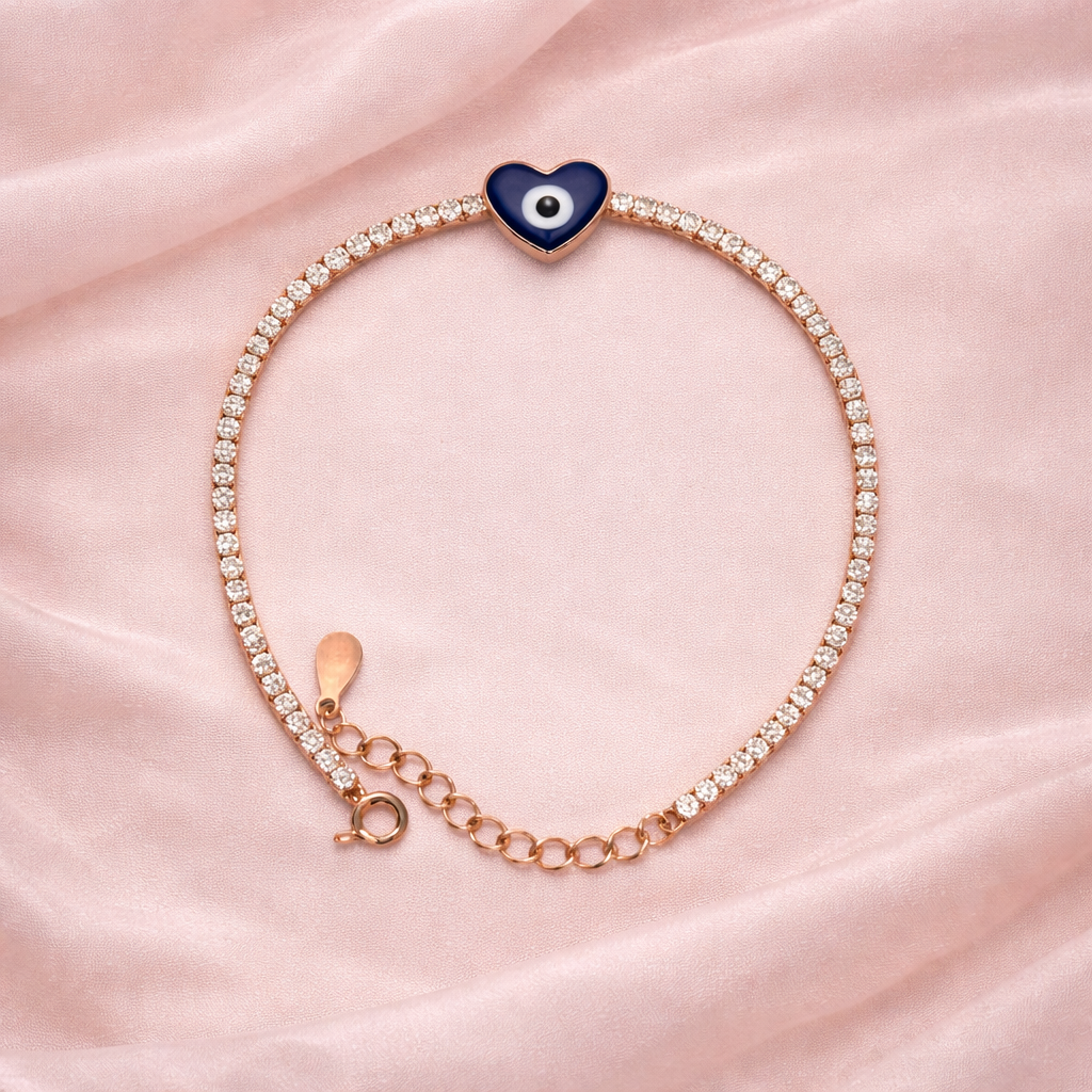 Silver Heart Evil Eye Tennis Bracelet