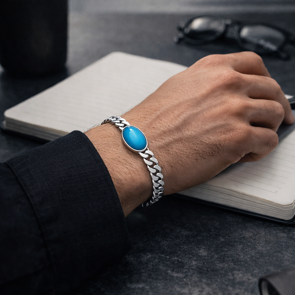 Men's Silver Curb Link Bracelet with Oval Turquoise