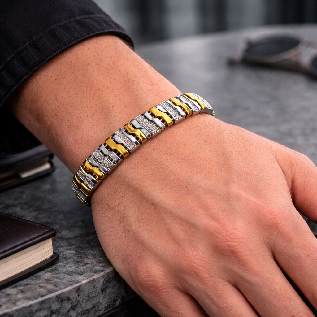 Two-Tone Silver Statement Link Bracelet with Stone Accents