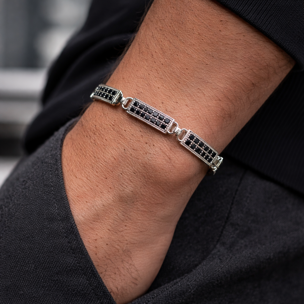 Geometric Silver Bar Bracelet with Black Zircon for Men