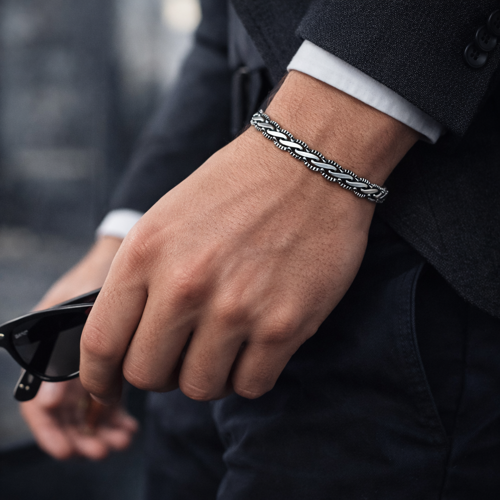 Men's Braided Silver Wheat Chain Bracelet