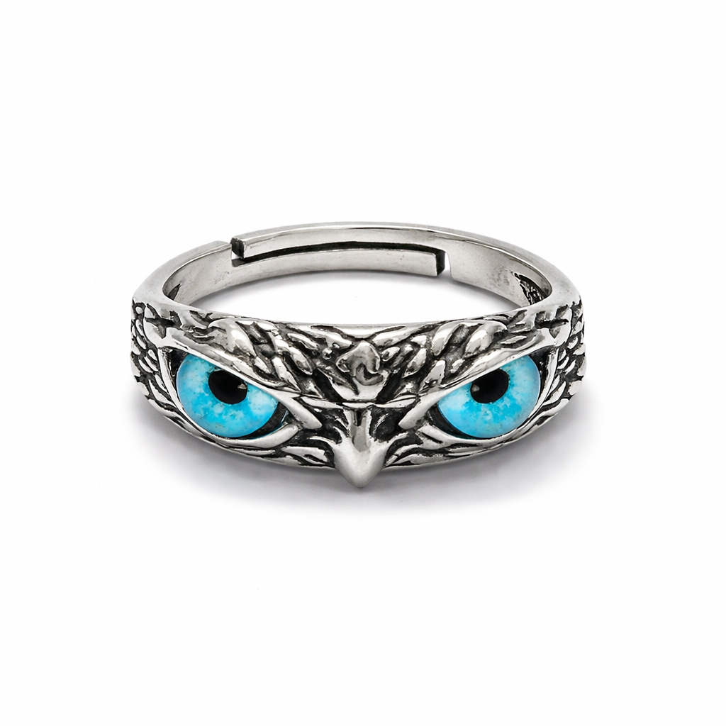 Vivid Blue-Eyed Owl Adjustable Silver Ring