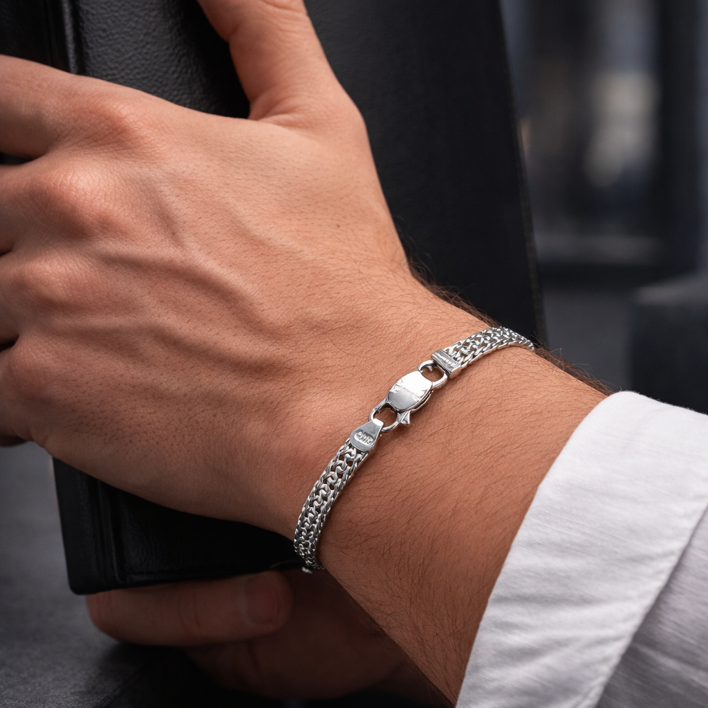 Men's Silver Greek Key Bracelet with Black Stones and Woven Chain