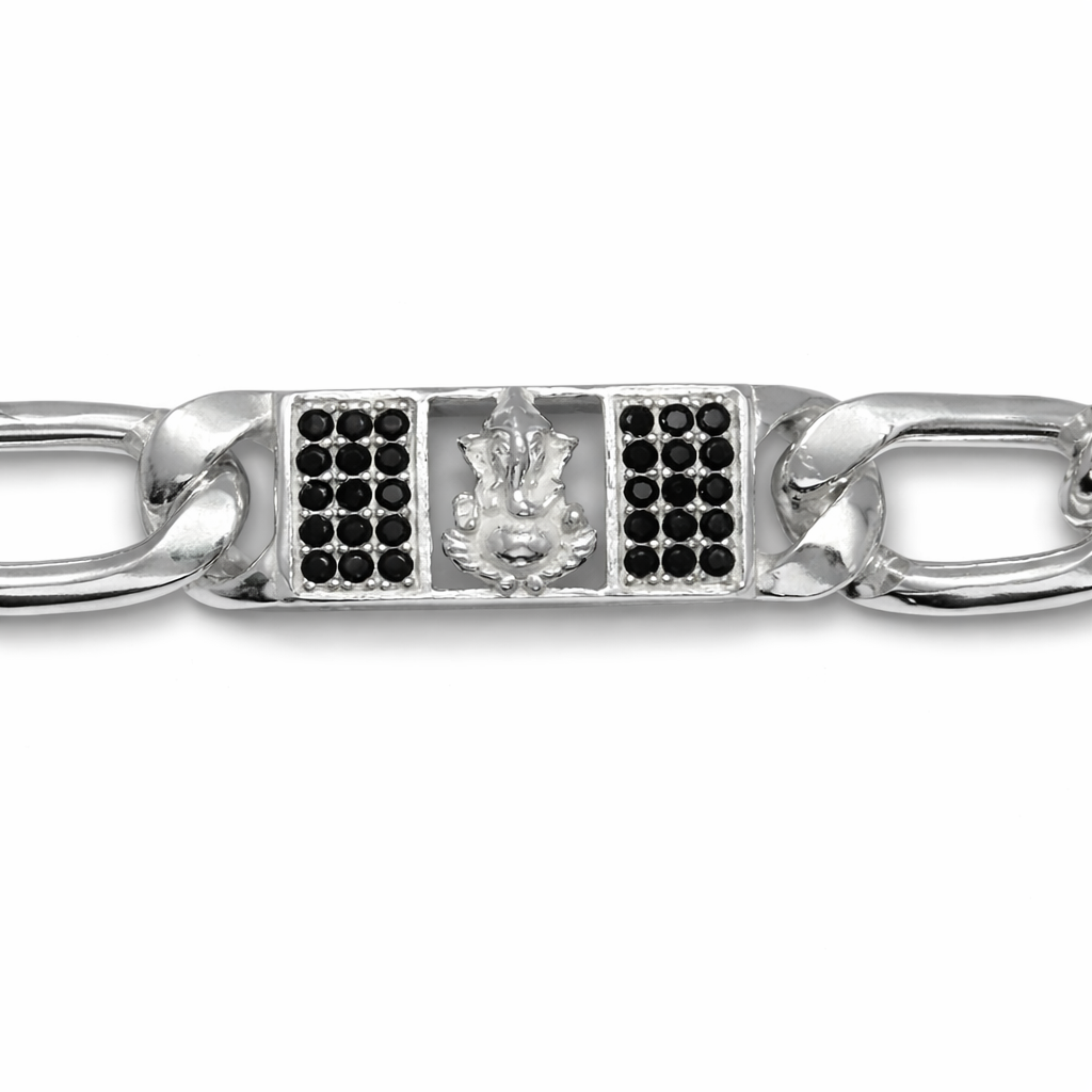 Divine Ganesha Silver Bracelet with Black Accents