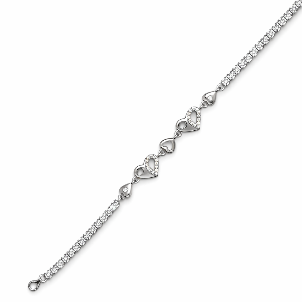 Interlocking Heart Tennis Silver Bracelet