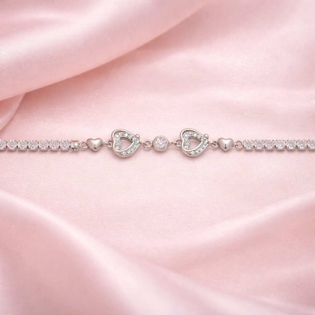 Double Heart Silver Tennis Bracelet