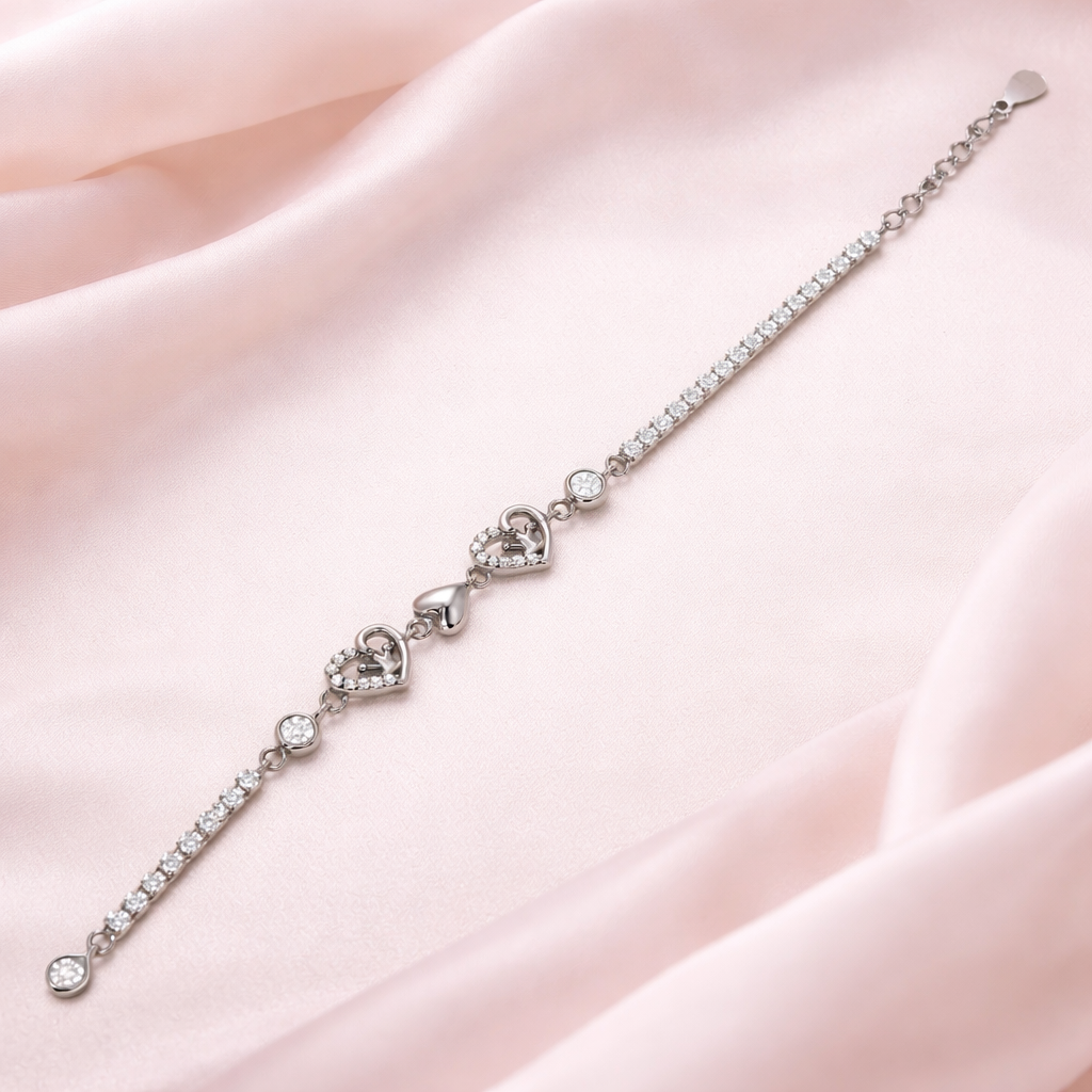 Interlocking Heart Charm Silver Tennis Bracelet
