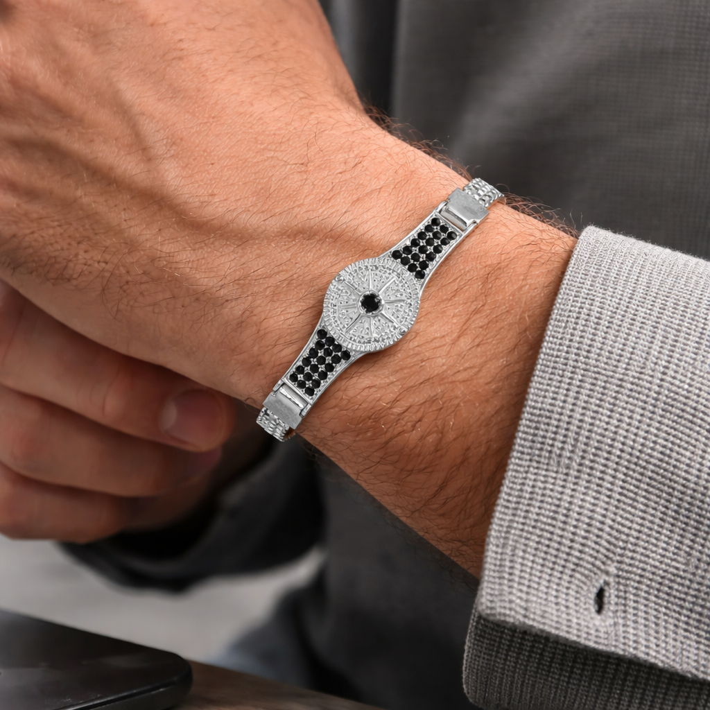 Celestial Compass Men's Silver Bracelet with Black Accents