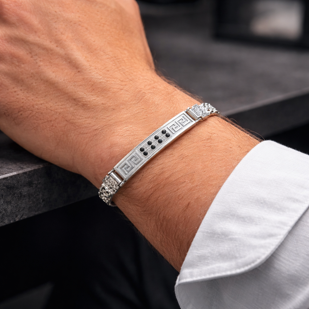 Men's Silver Greek Key Bracelet with Black Stones and Woven Chain