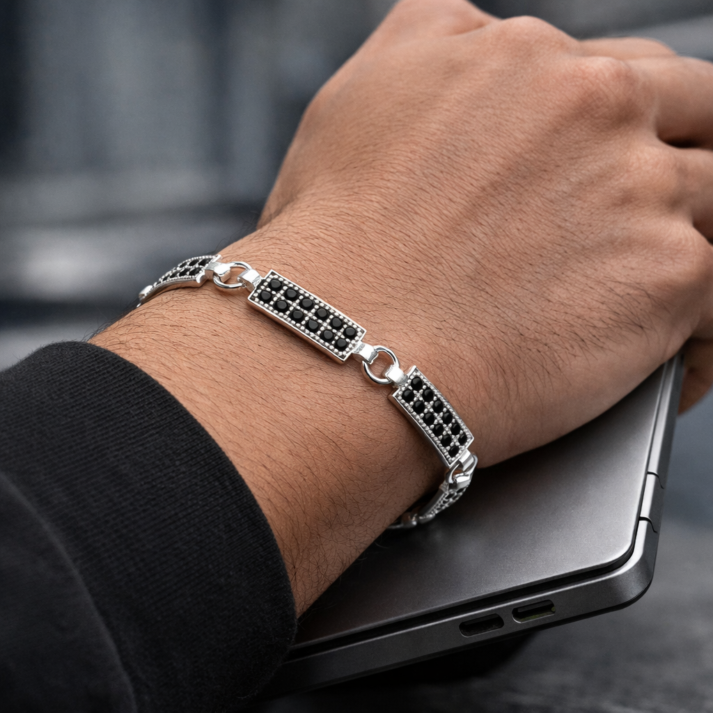 Geometric Silver Bar Bracelet with Black Zircon for Men