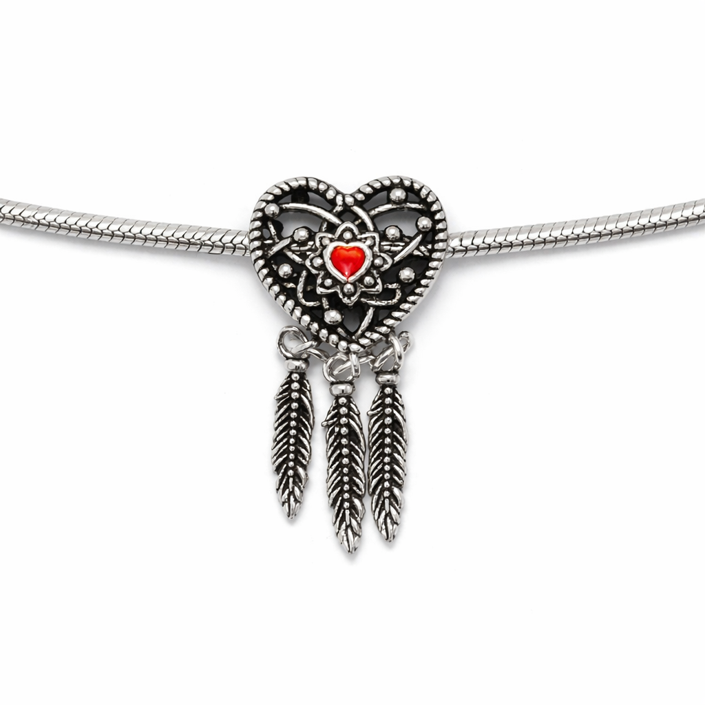 Dreamcatcher Heart Silver Bracelet with Red Accent and Feathers
