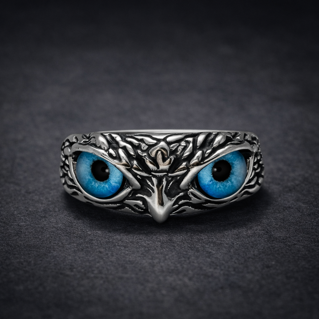 Vivid Blue-Eyed Owl Adjustable Silver Ring