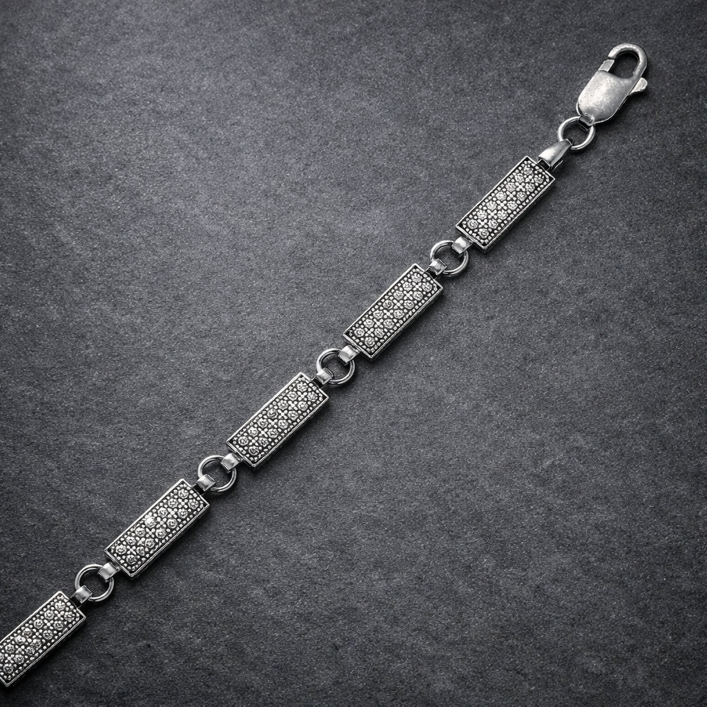 Men's Pavé Bar Link Silver Bracelet
