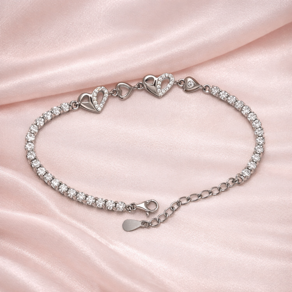 Interlocking Heart Tennis Silver Bracelet