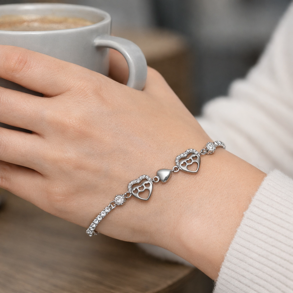 Elegant Silver Sparkling Heart Charm Bracelet