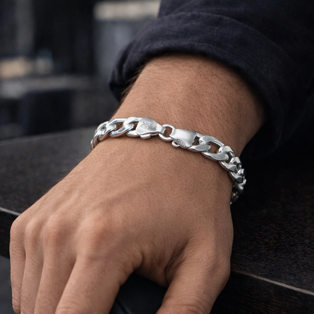 Lion Motif Silver Figaro Curb Bracelet with Black Accents