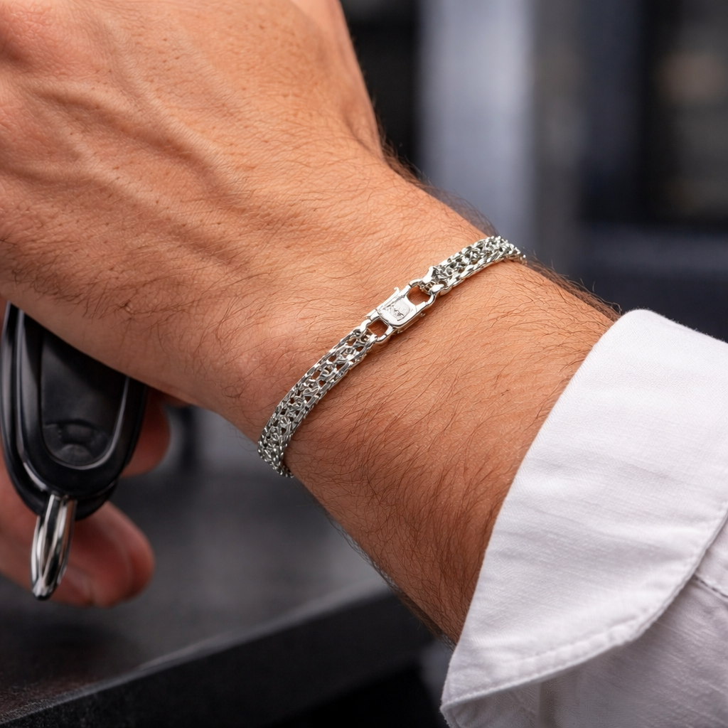 Men's Silver Greek Key Bracelet with Black Stones and Woven Chain