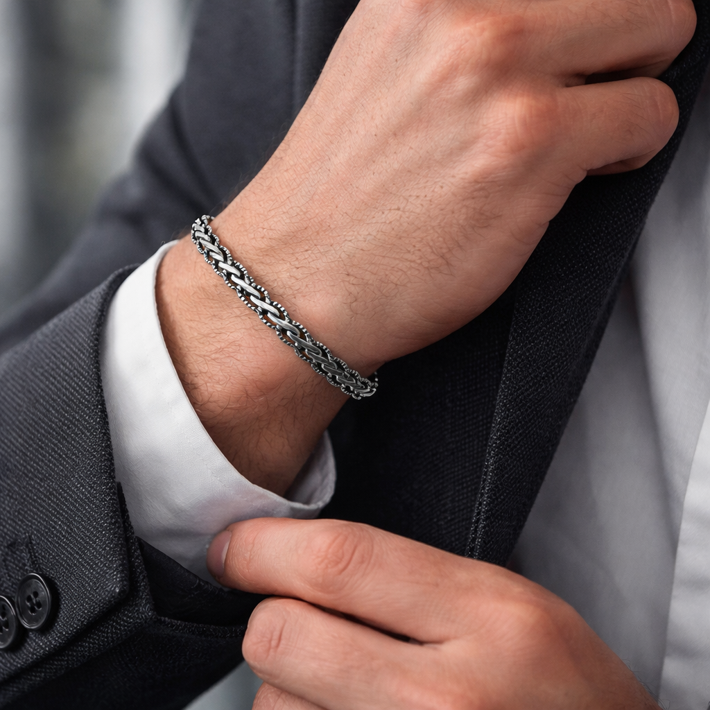 Men's Braided Silver Wheat Chain Bracelet