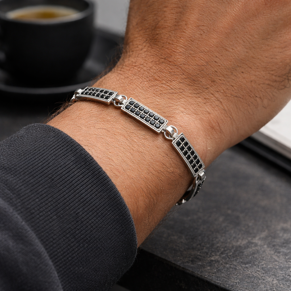 Geometric Silver Bar Bracelet with Black Zircon for Men