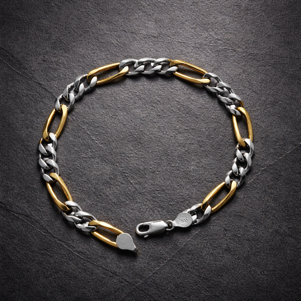 Two-Tone Figaro Chain Silver Bracelet for Men