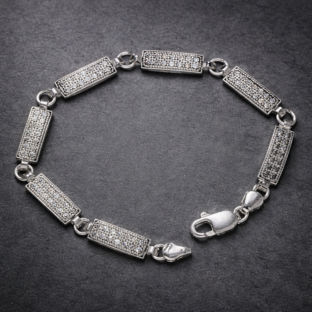Men's Pavé Bar Link Silver Bracelet