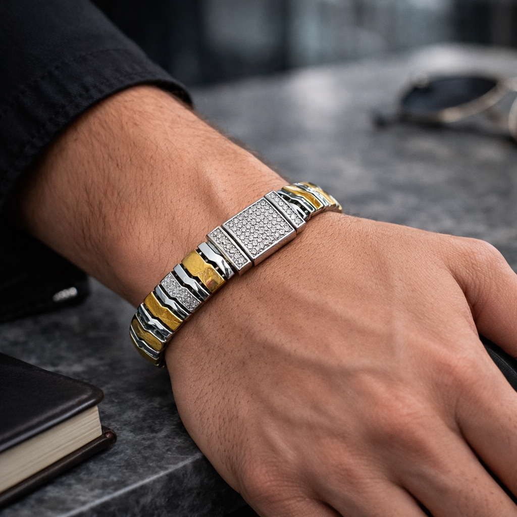 Two-Tone Silver Statement Link Bracelet with Stone Accents