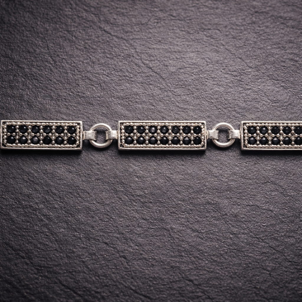 Geometric Silver Bar Bracelet with Black Zircon for Men