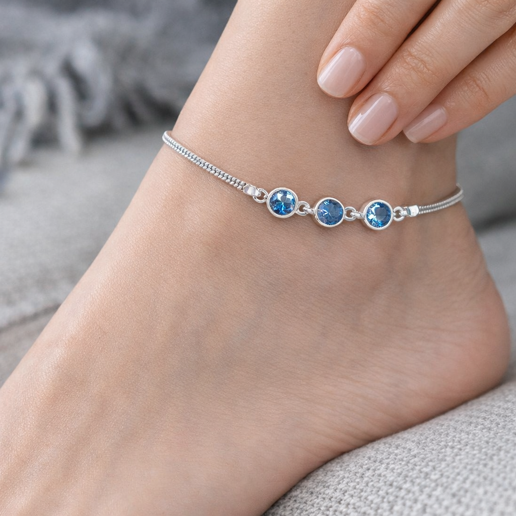 Silver Triple Blue Stone Snake Chain Anklet