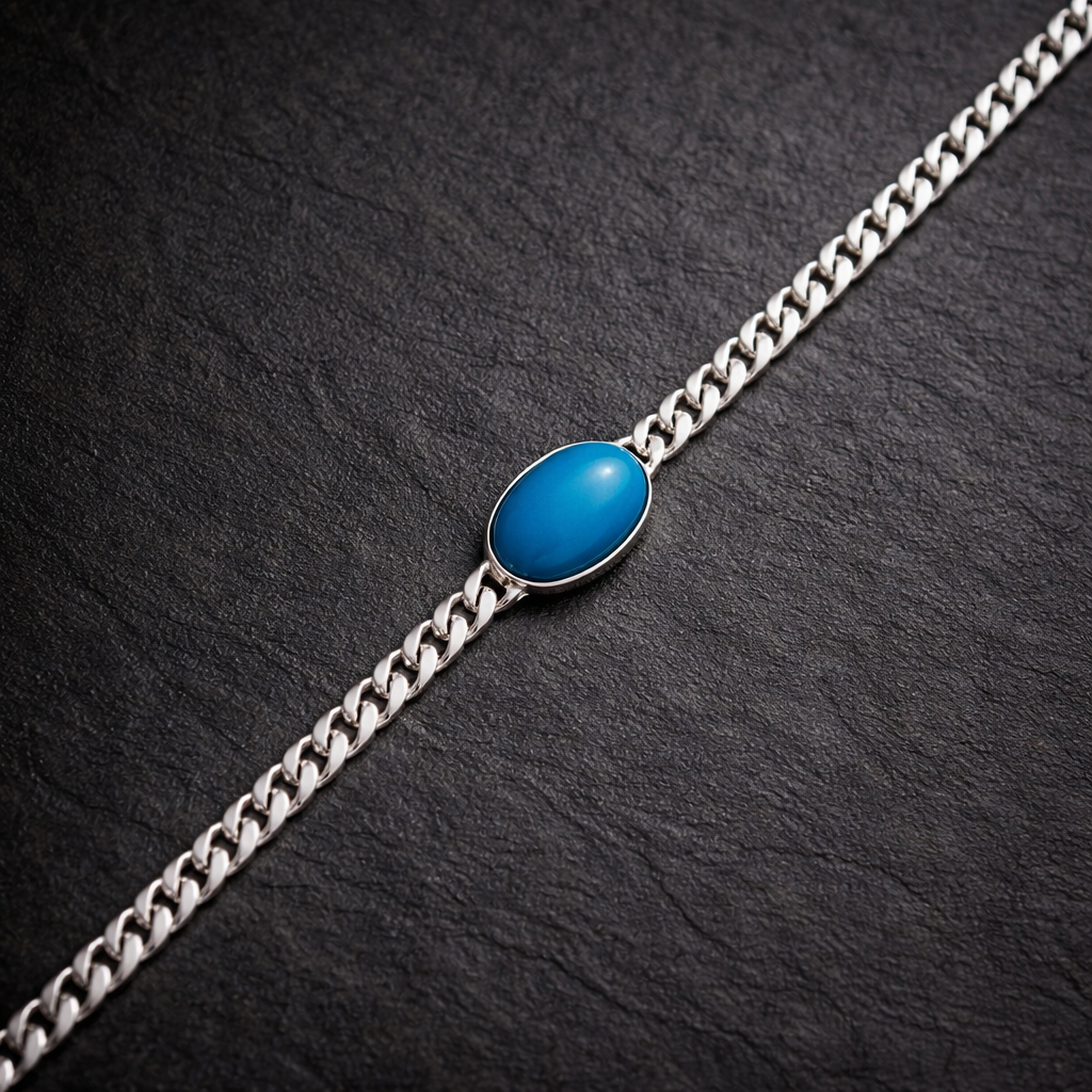 Men's Silver Curb Link Bracelet with Oval Turquoise
