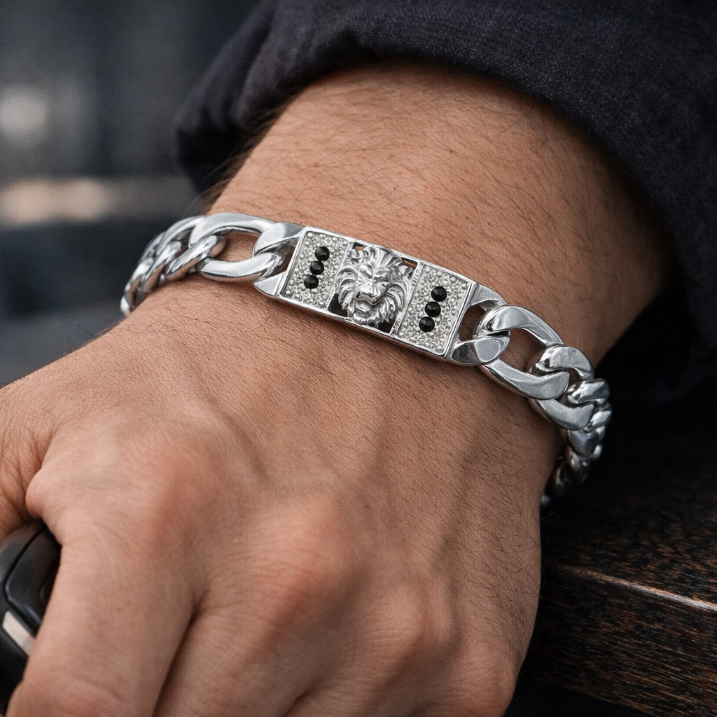 Lion Motif Silver Figaro Curb Bracelet with Black Accents