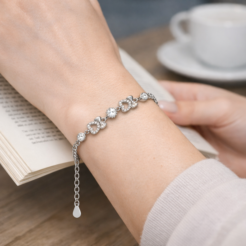 Sparkling Double Heart Silver Tennis Bracelet