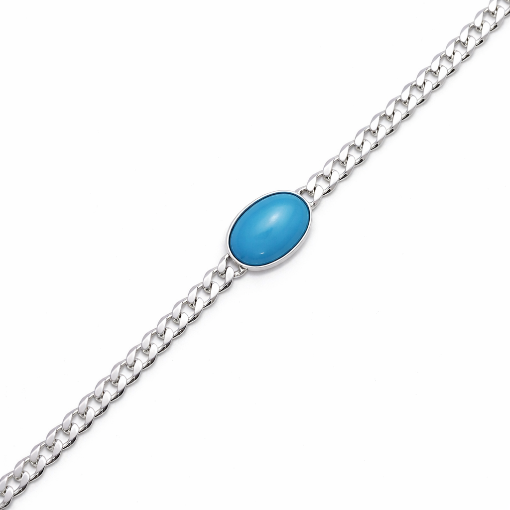 Men's Silver Curb Link Bracelet with Oval Turquoise