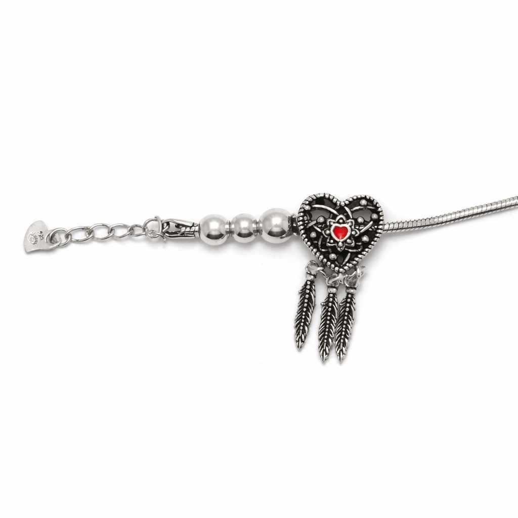 Dreamcatcher Heart Silver Bracelet with Red Accent and Feathers