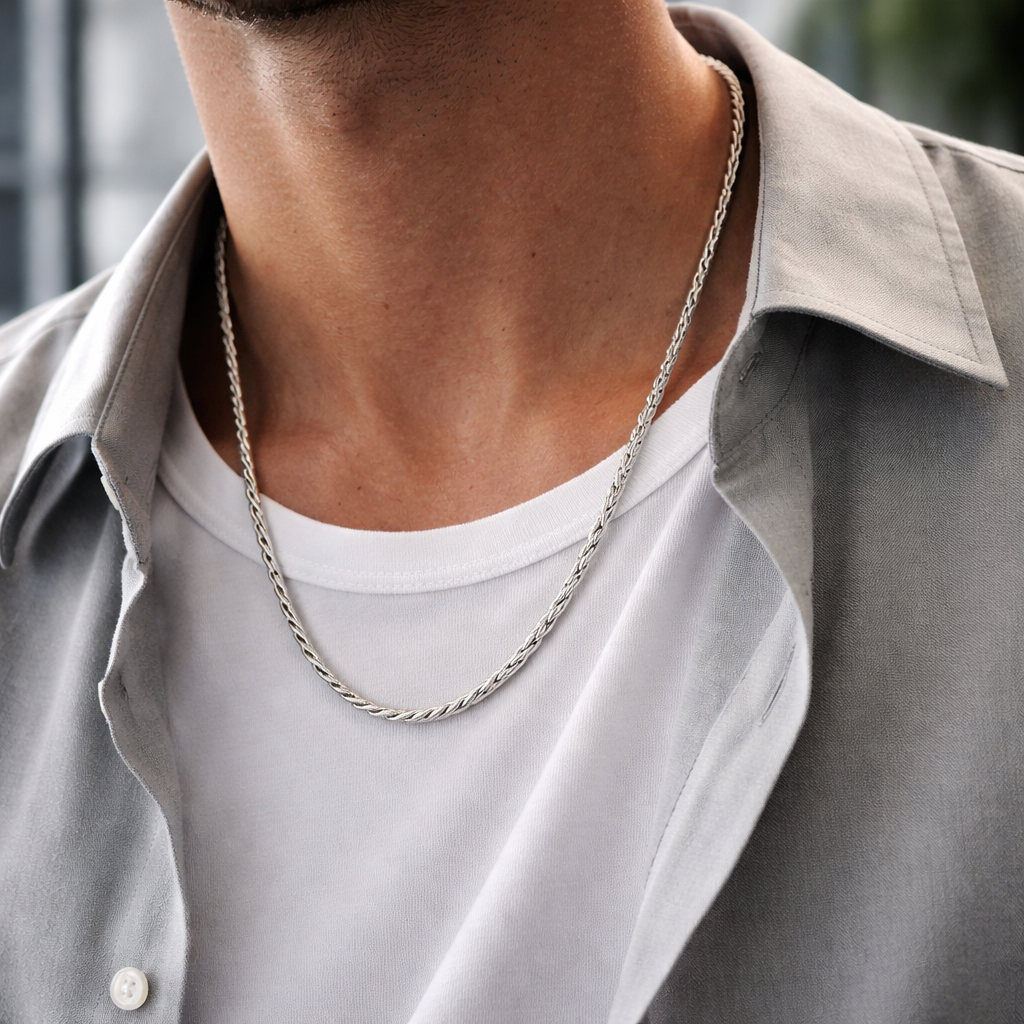 Men's Braided Silver Chain Necklace