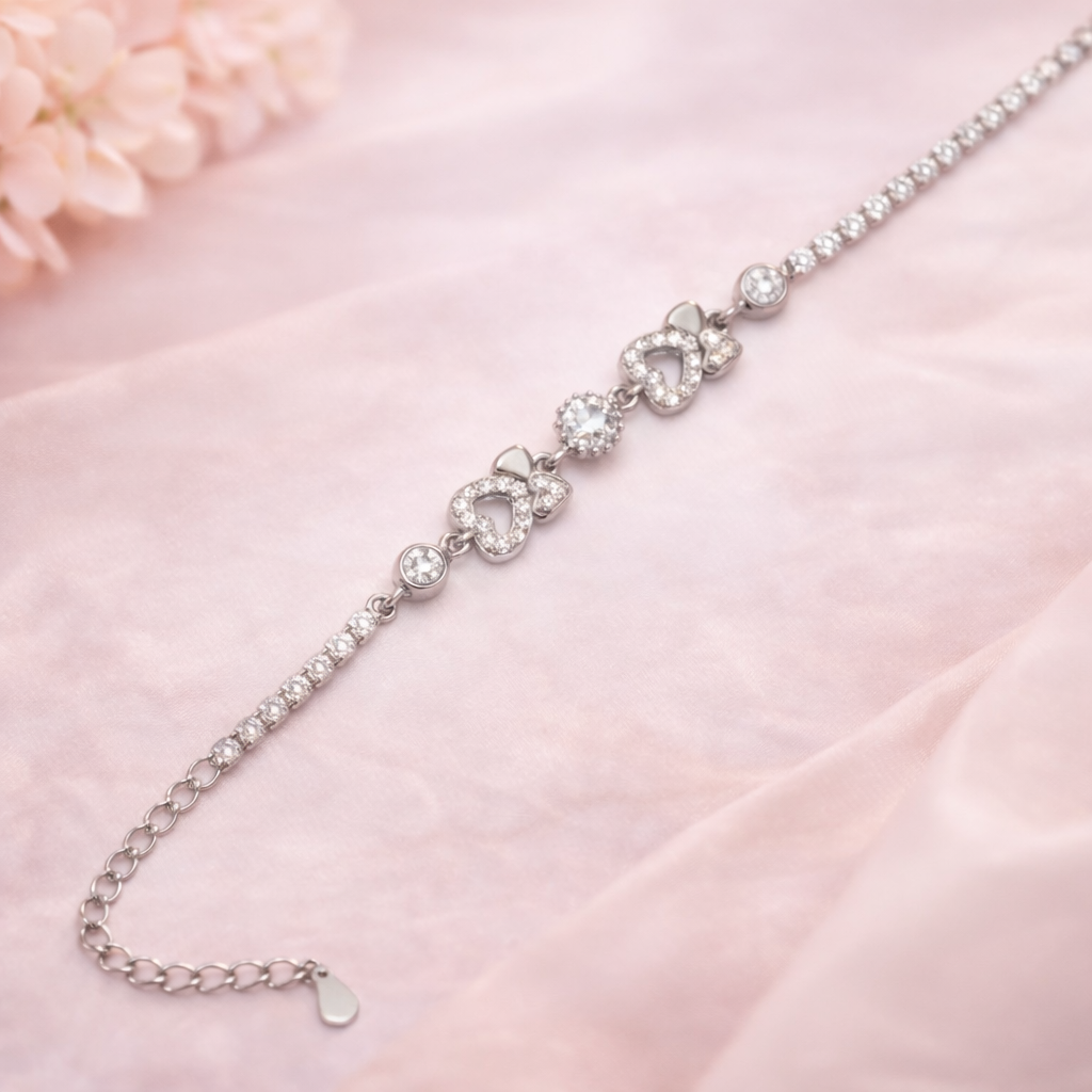 Sparkling Double Heart Silver Tennis Bracelet