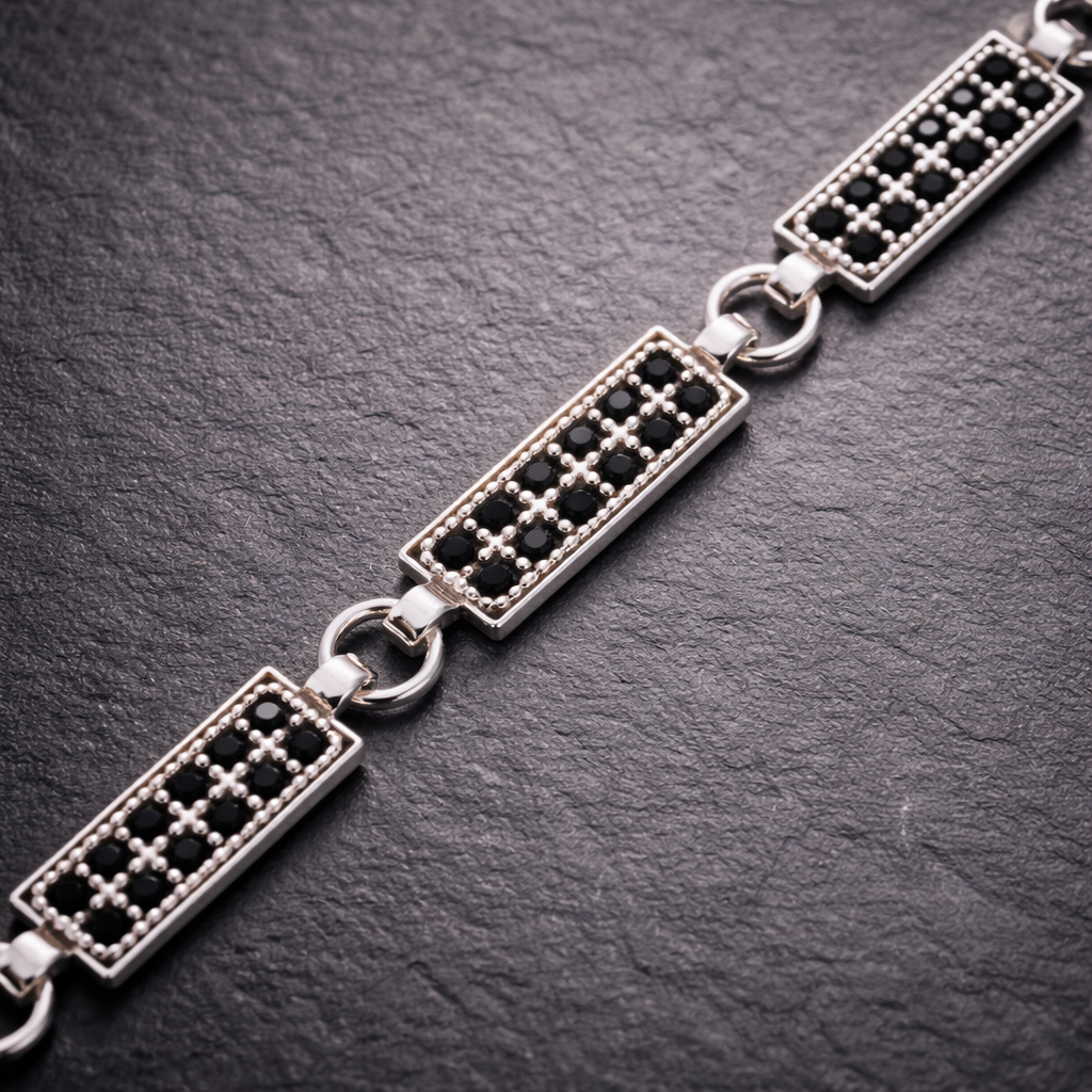 Geometric Silver Bar Bracelet with Black Zircon for Men