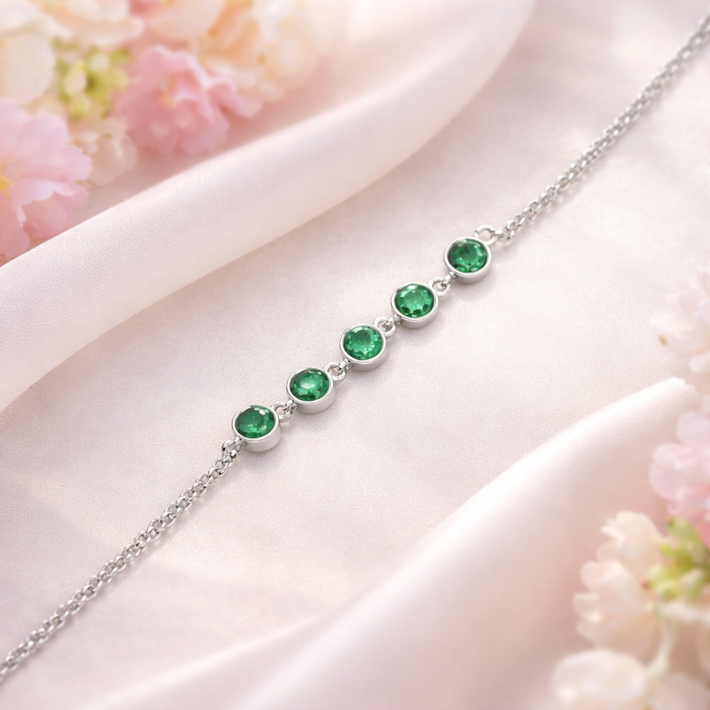 Silver Emerald Green Station Anklet