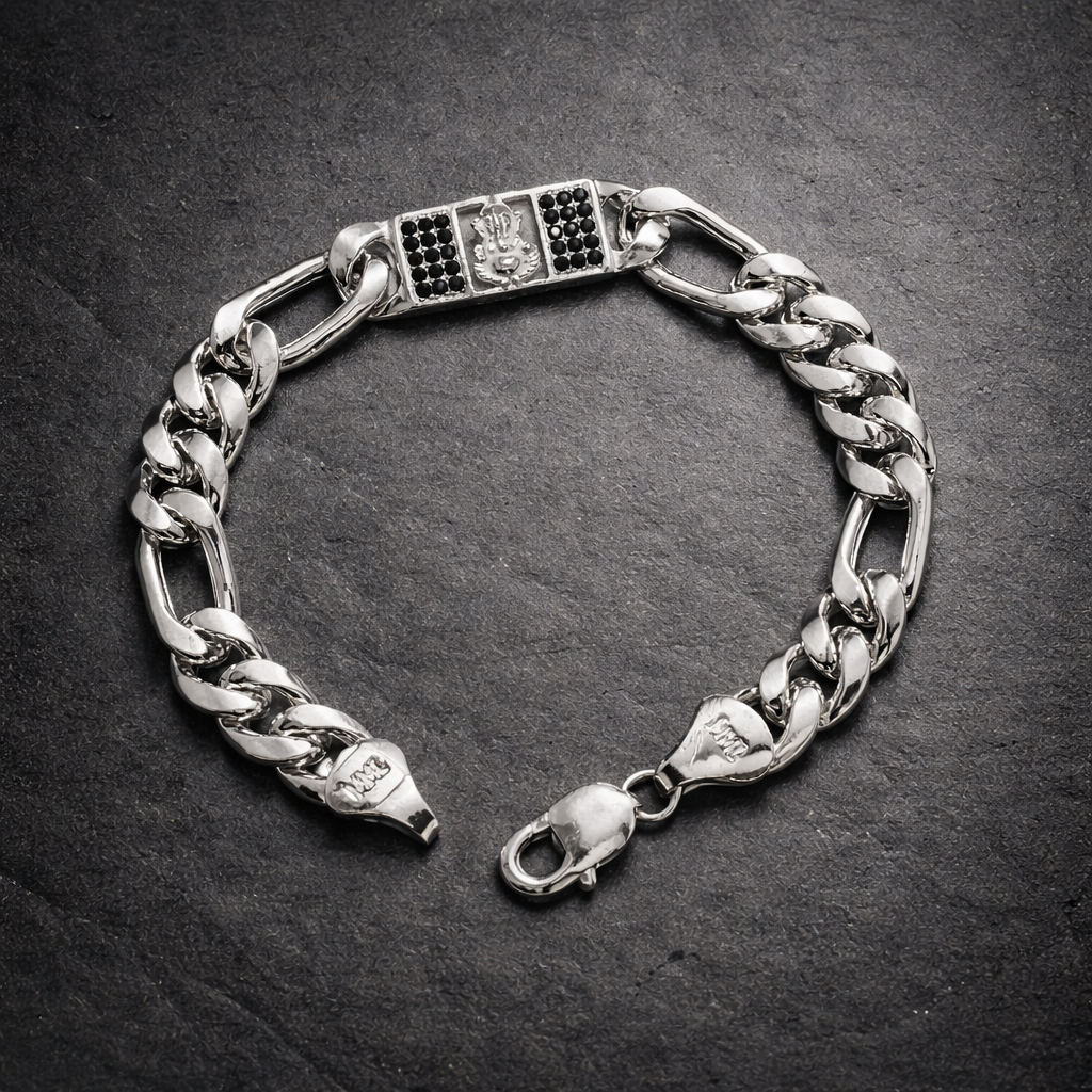 Divine Ganesha Silver Bracelet with Black Accents