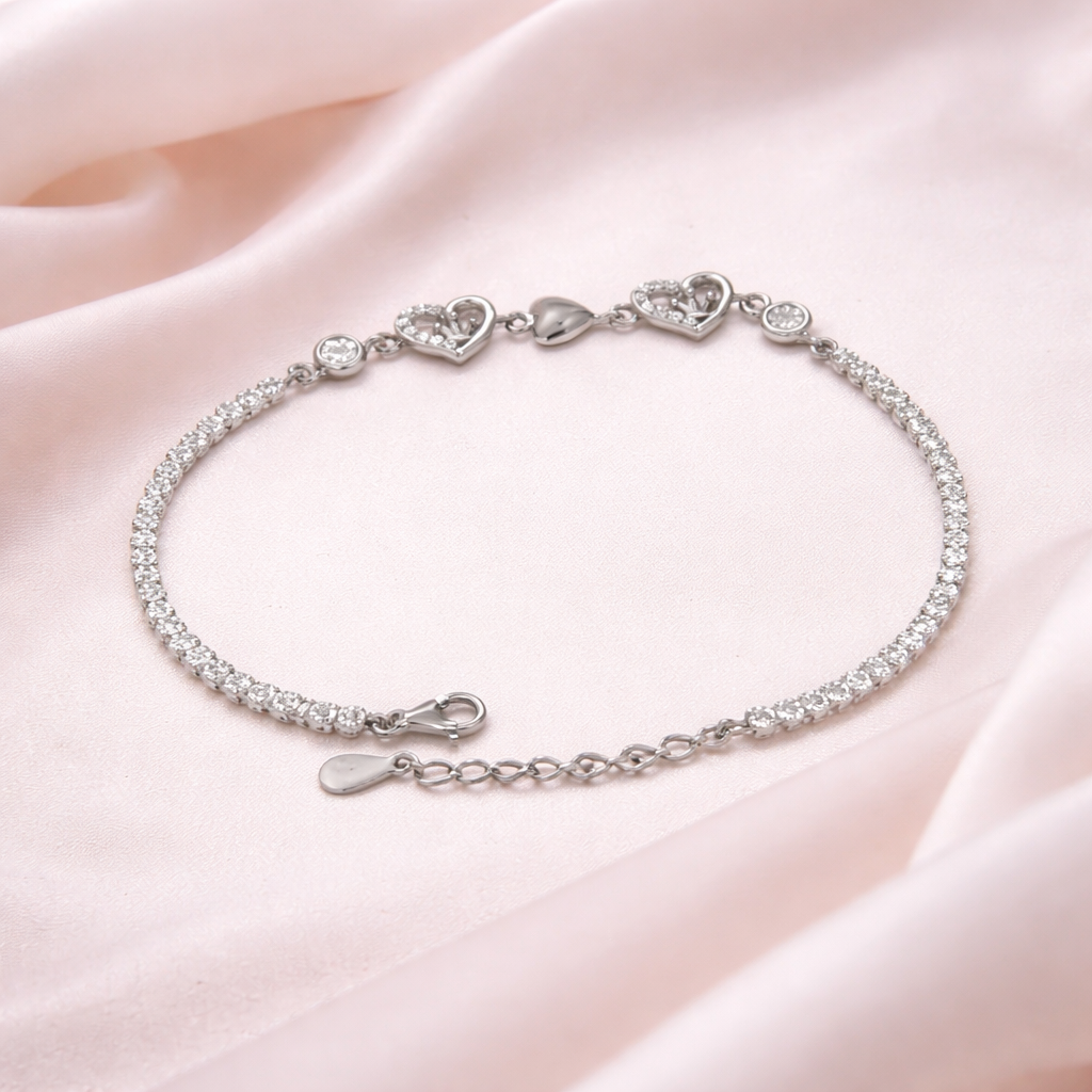 Interlocking Heart Charm Silver Tennis Bracelet