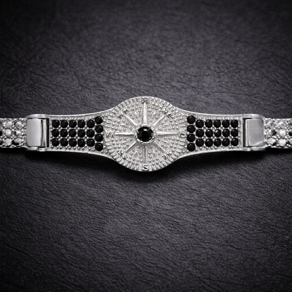 Celestial Compass Men's Silver Bracelet with Black Accents