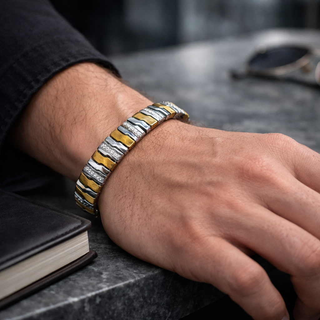 Two-Tone Silver Statement Link Bracelet with Stone Accents