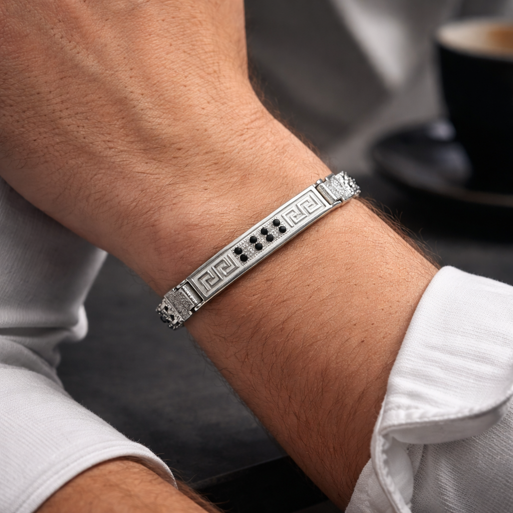 Men's Silver Greek Key Bracelet with Black Stones and Woven Chain