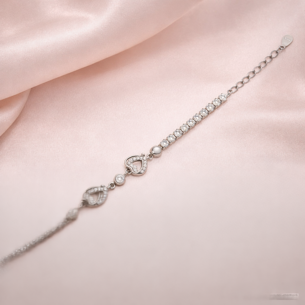 Double Heart Silver Tennis Bracelet