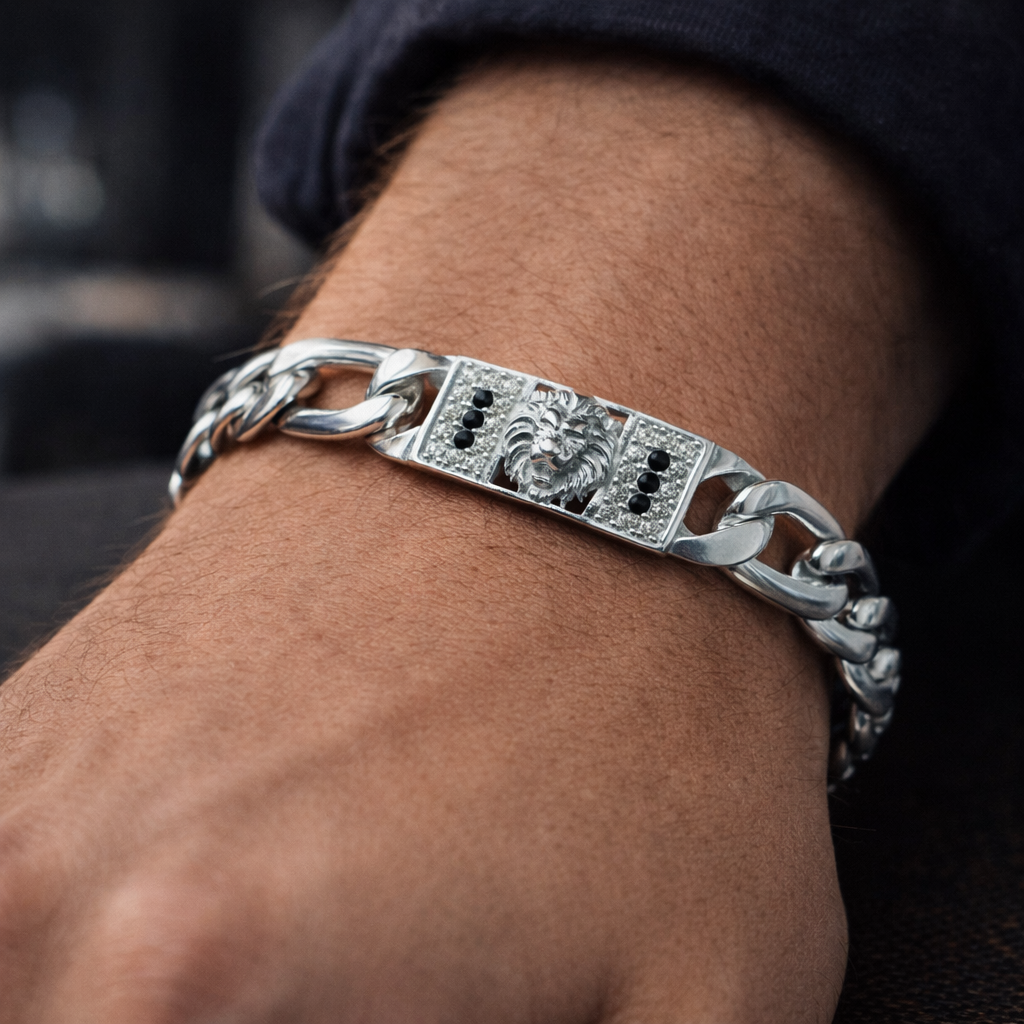 Lion Motif Silver Figaro Curb Bracelet with Black Accents