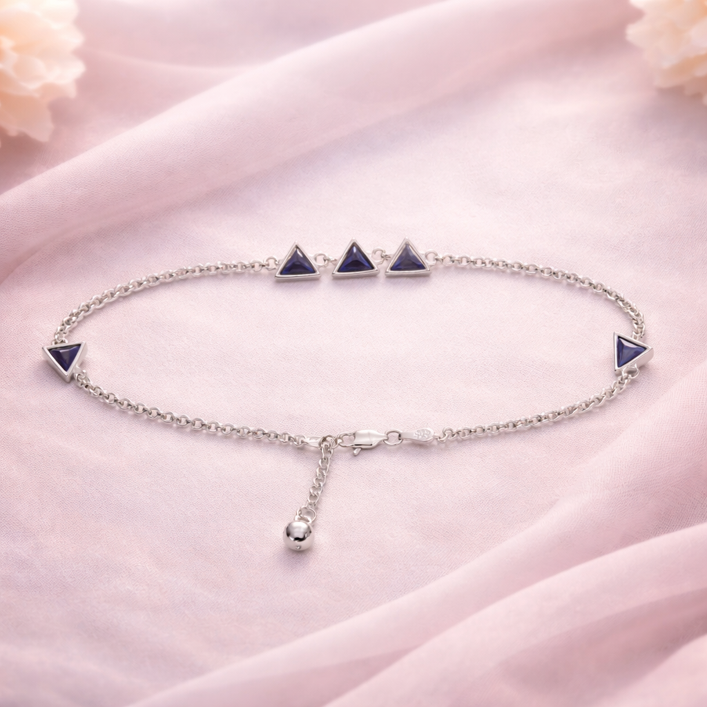 Geometric Blue Triangle Silver Anklet