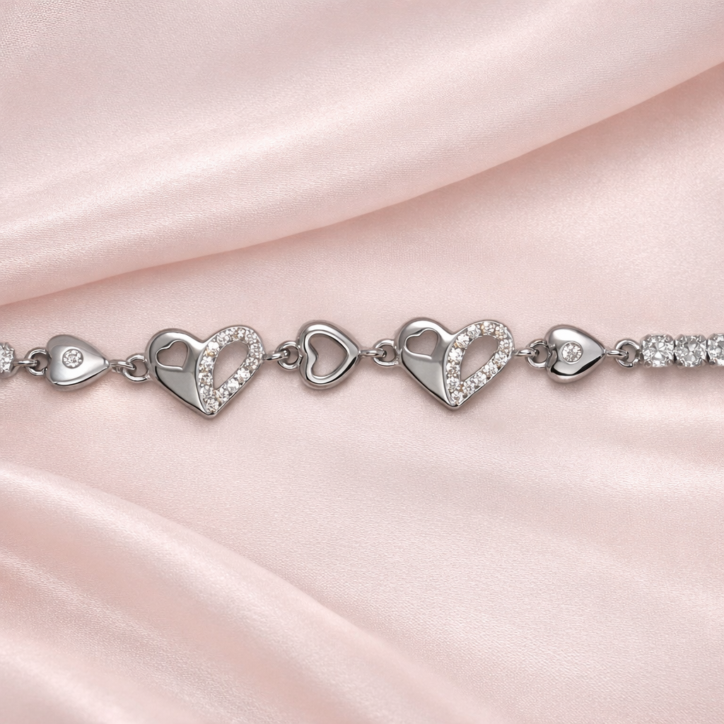Interlocking Heart Tennis Silver Bracelet