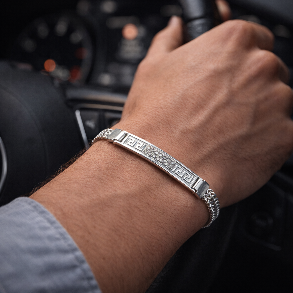 Silver Greek Key ID Bracelet for Men