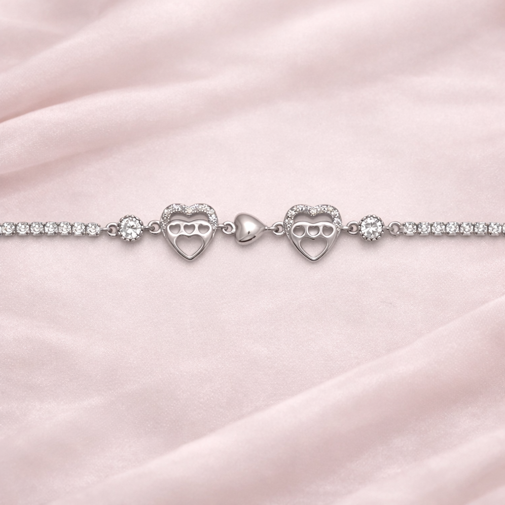 Elegant Silver Sparkling Heart Charm Bracelet