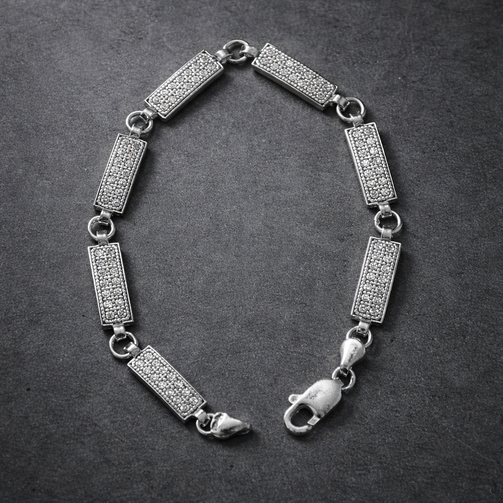 Men's Pavé Bar Link Silver Bracelet